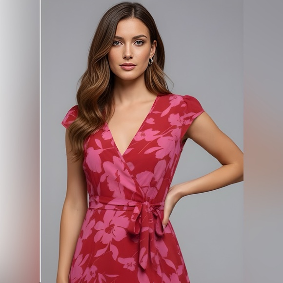 Red Floral Print Wrap Hem Belted Dress - Picture 2 of 10
